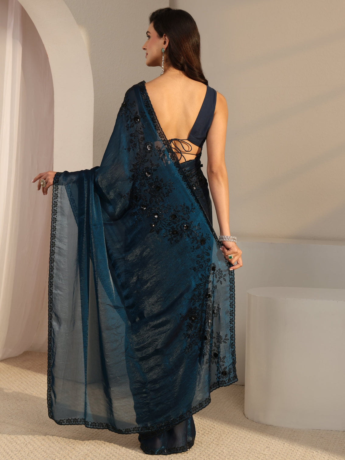 Mameraa Blue Embellished Tissue Saree With Unstitched Blouse Piece