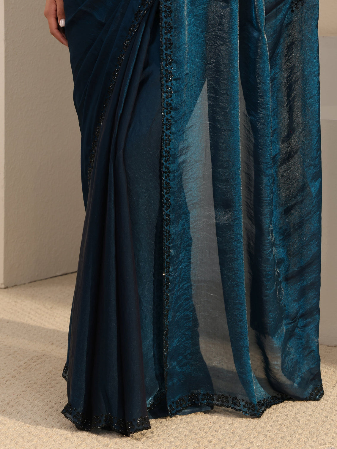 Mameraa Blue Embellished Tissue Saree With Unstitched Blouse Piece