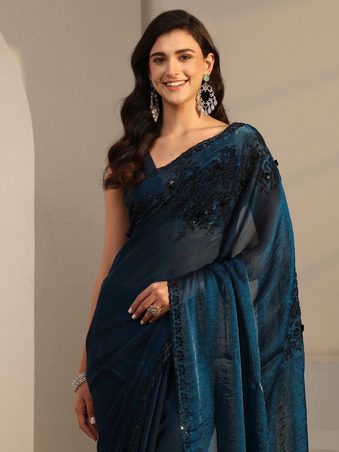 Mameraa Blue Embellished Tissue Saree With Unstitched Blouse Piece