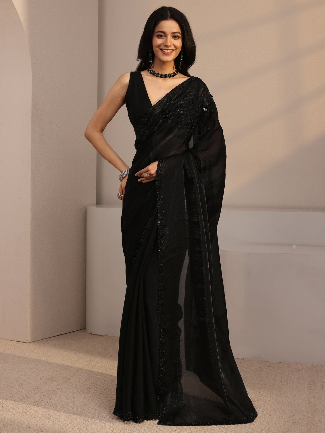 Mameraa Black Embellished Tissue Saree With Unstiched Blouse Piece