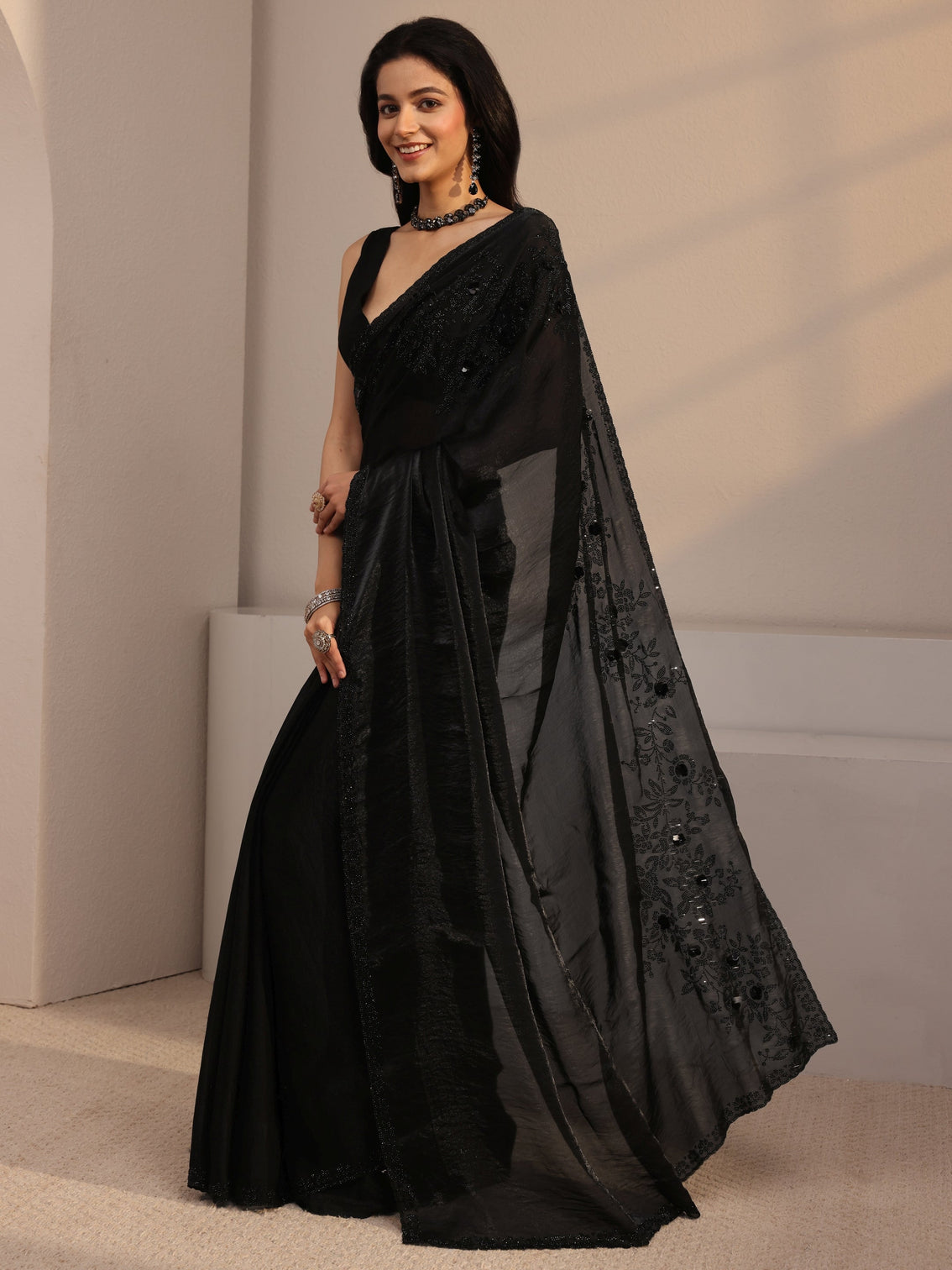 Mameraa Black Embellished Tissue Saree With Unstiched Blouse Piece