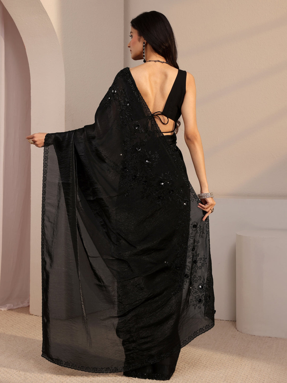 Mameraa Black Embellished Tissue Saree With Unstiched Blouse Piece