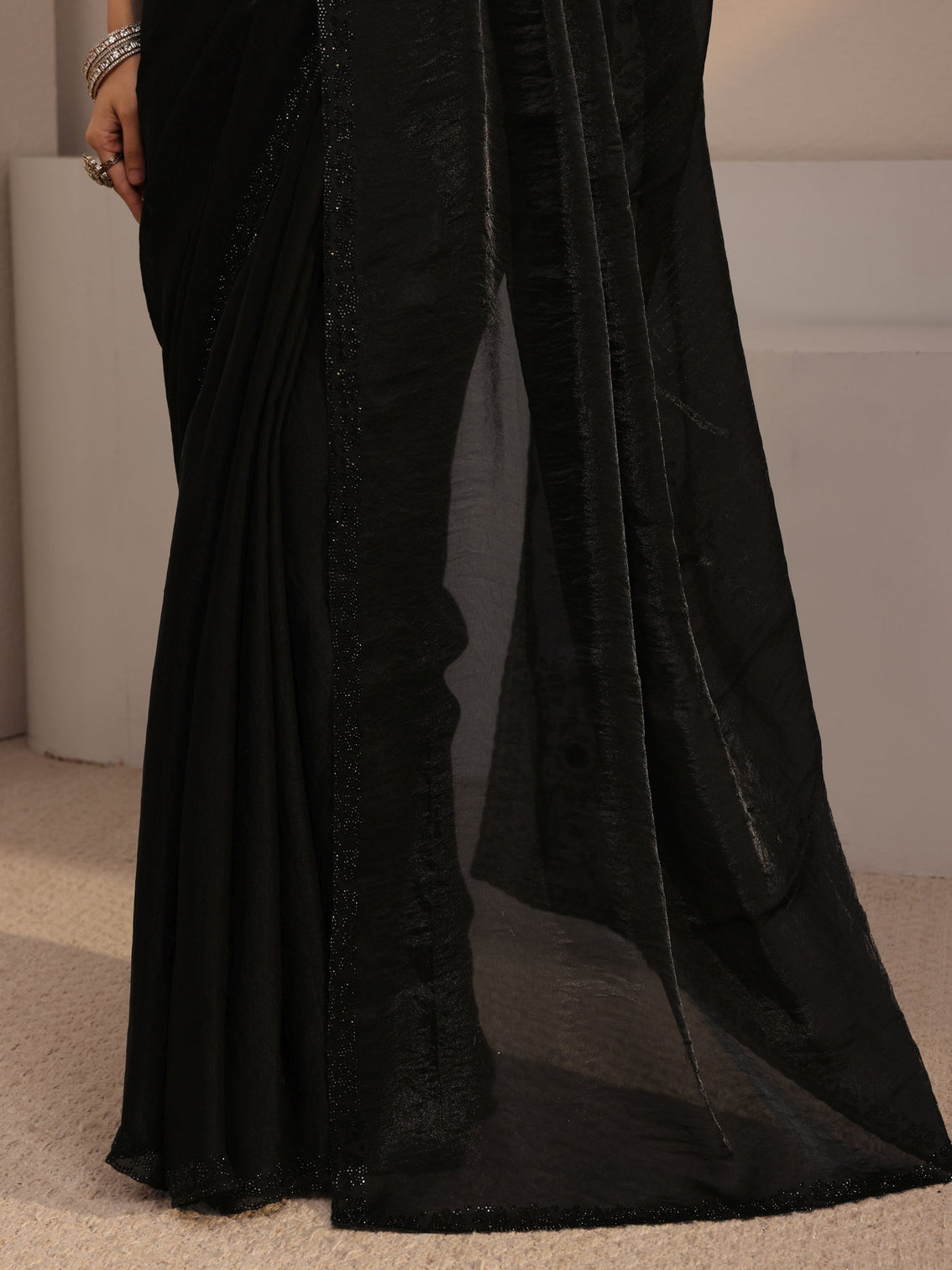 Mameraa Black Embellished Tissue Saree With Unstiched Blouse Piece