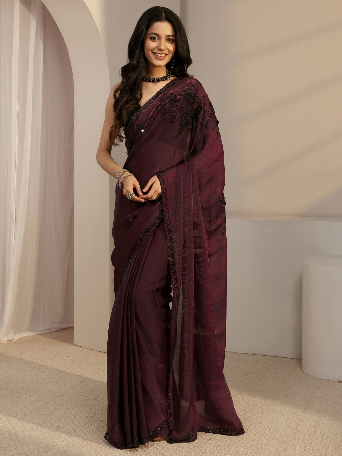 Mameraa Burgundy Embellished Tissue Saree With Unstiched Blouse Piece
