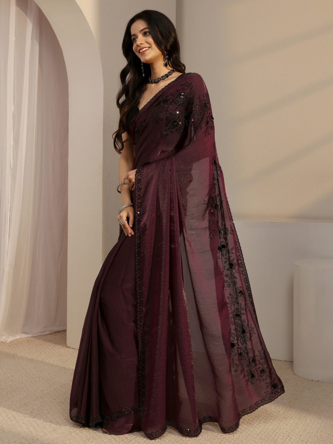 Mameraa Burgundy Embellished Tissue Saree With Unstiched Blouse Piece
