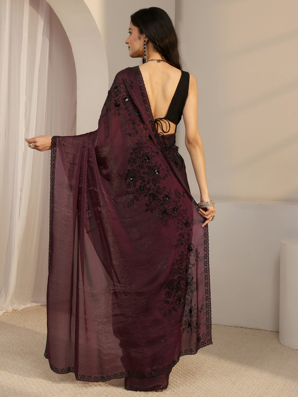 Mameraa Burgundy Embellished Tissue Saree With Unstiched Blouse Piece