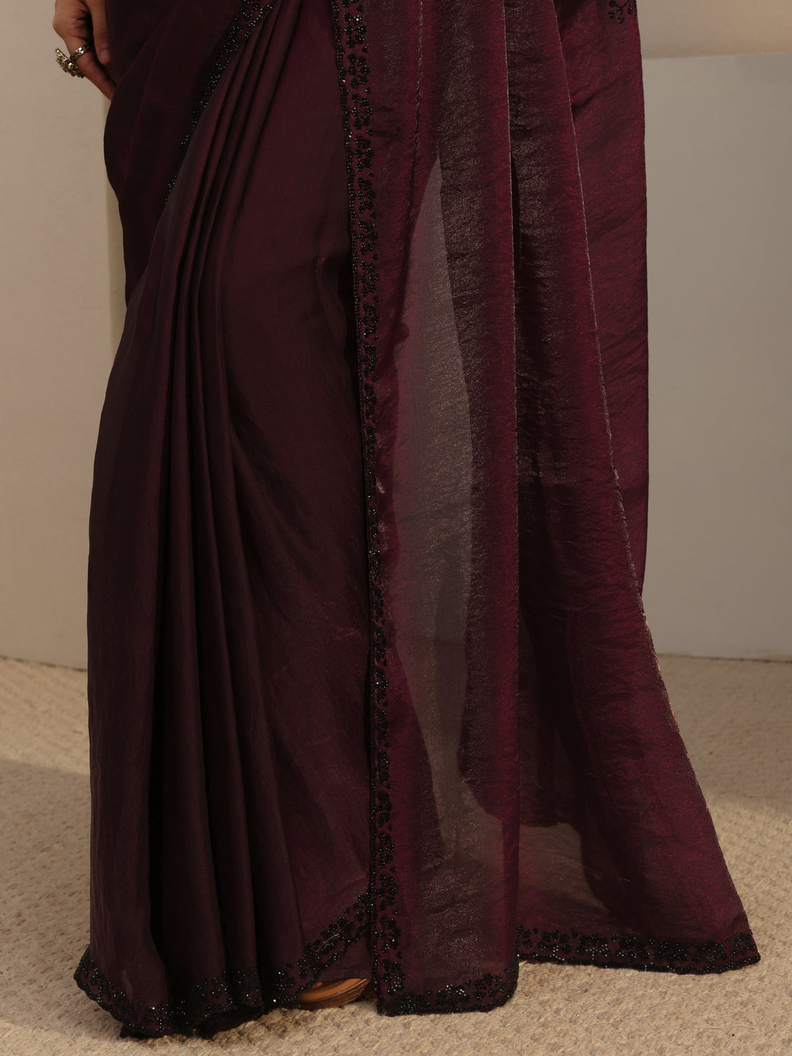 Mameraa Burgundy Embellished Tissue Saree With Unstiched Blouse Piece