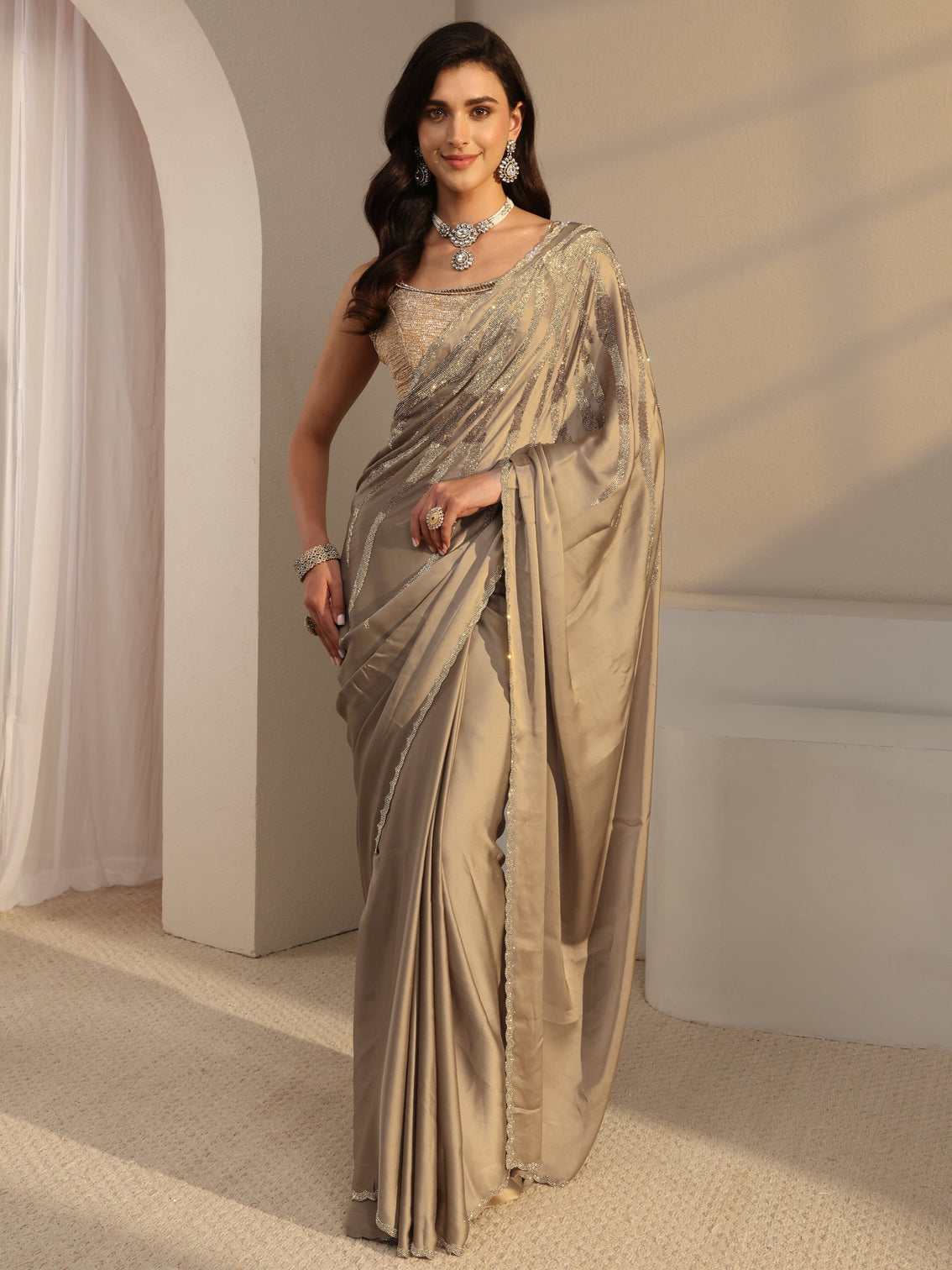 Mameraa Taupe Solid Satin Saree With Unstitched Blouse Piece