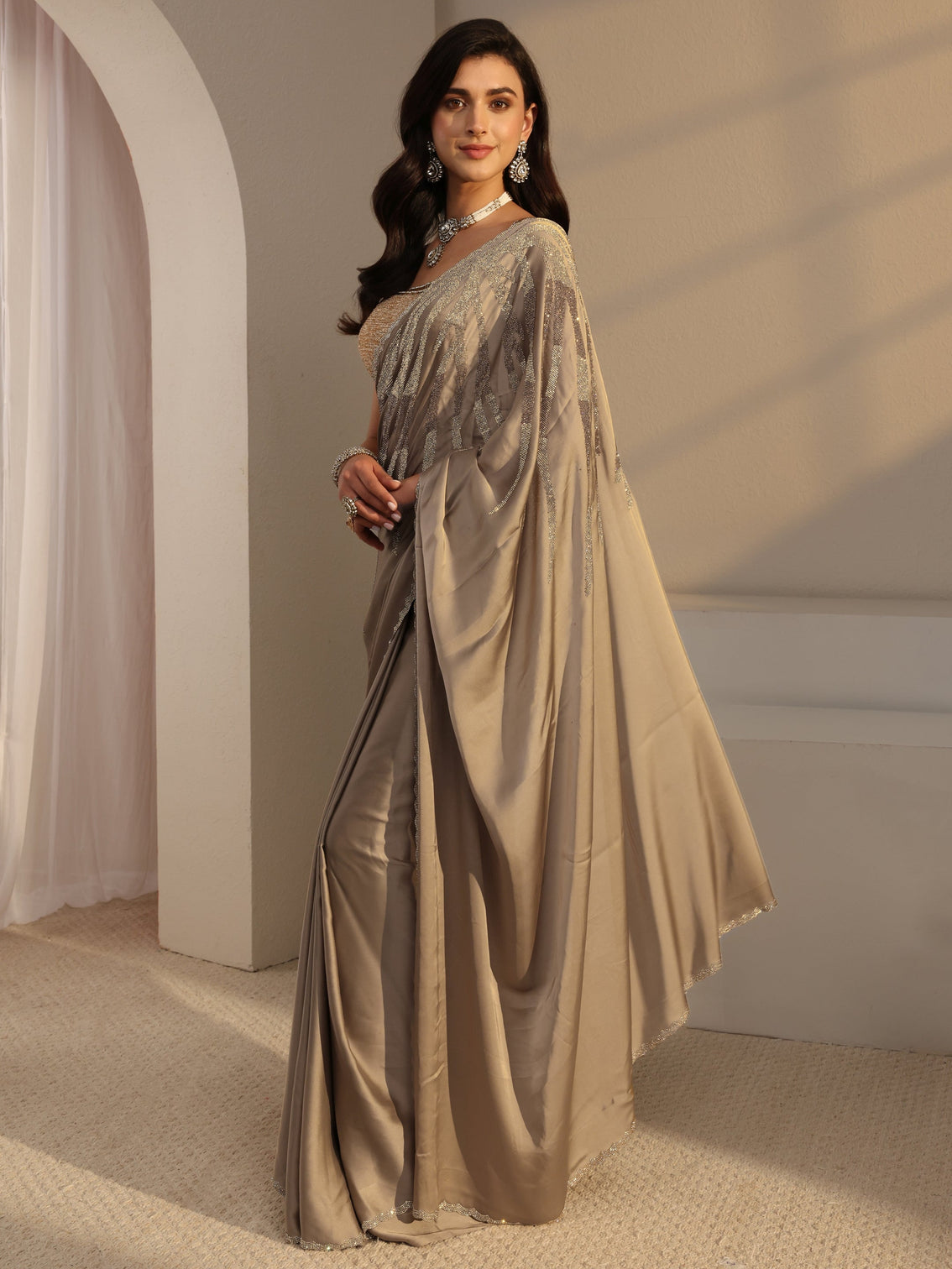Mameraa Taupe Solid Satin Saree With Unstitched Blouse Piece
