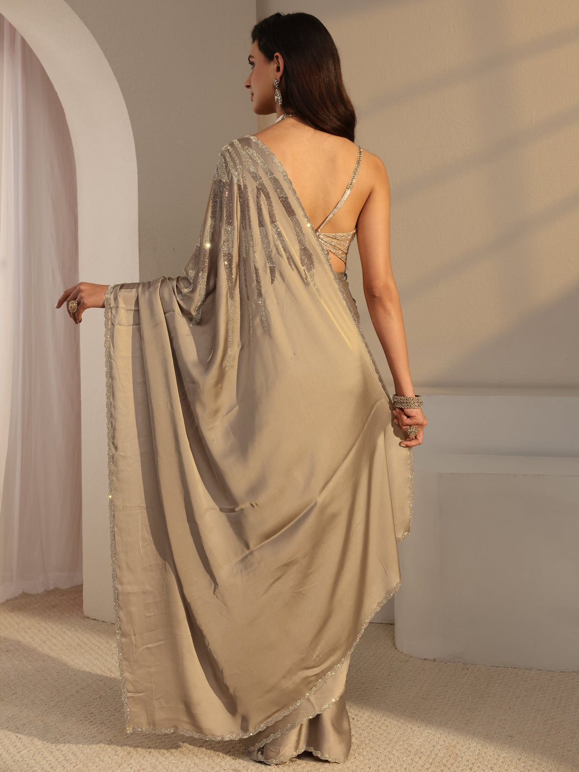 Mameraa Taupe Solid Satin Saree With Unstitched Blouse Piece