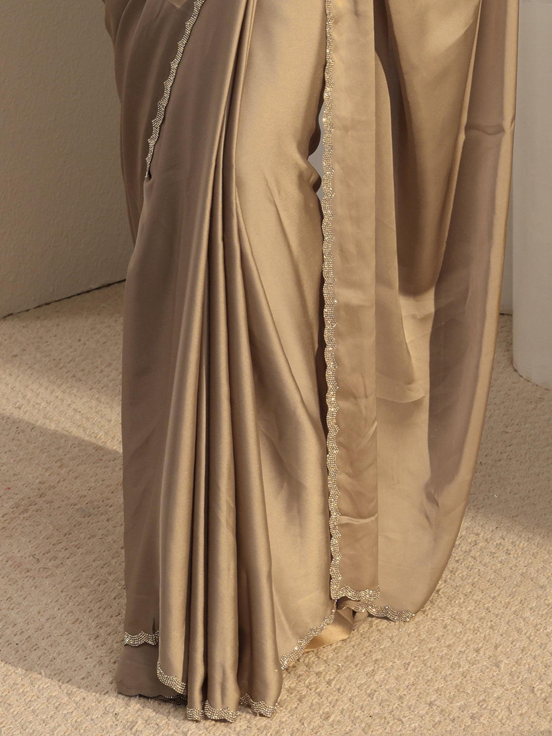 Mameraa Taupe Solid Satin Saree With Unstitched Blouse Piece