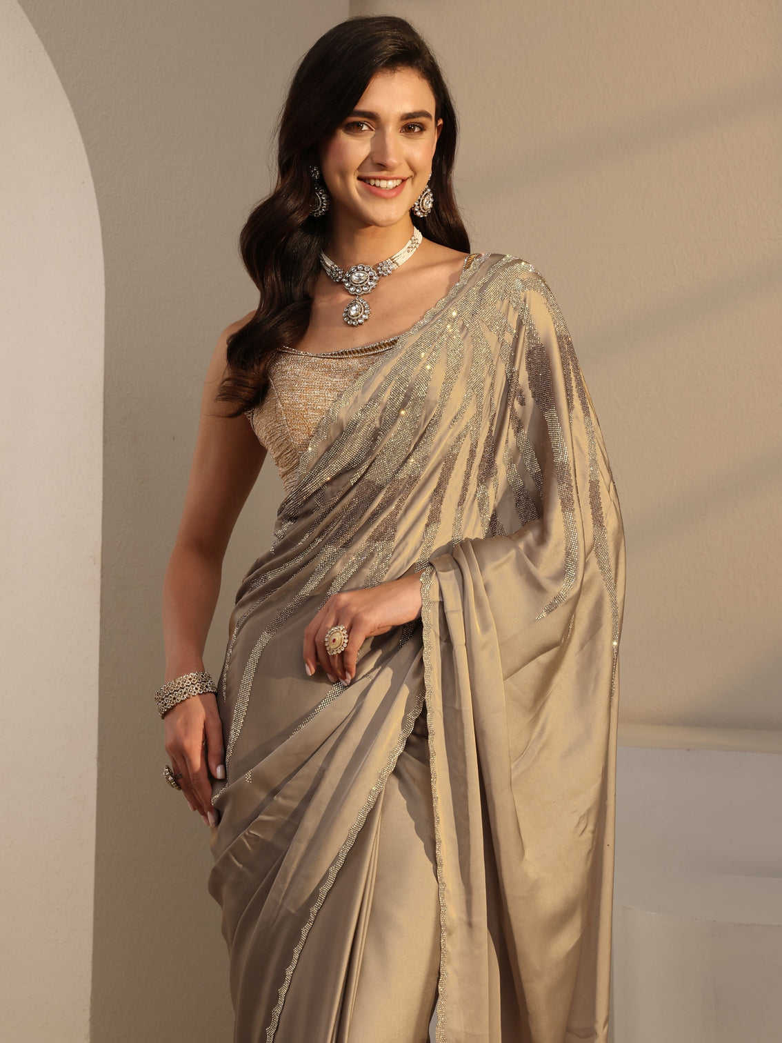 Mameraa Taupe Solid Satin Saree With Unstitched Blouse Piece