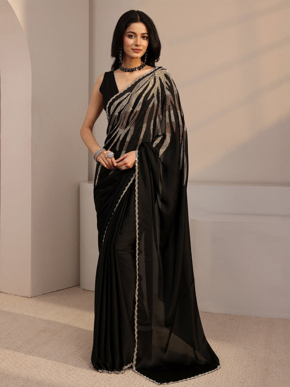 Mameraa Black Embellished Satin Saree With Unstiched Blouse Piece