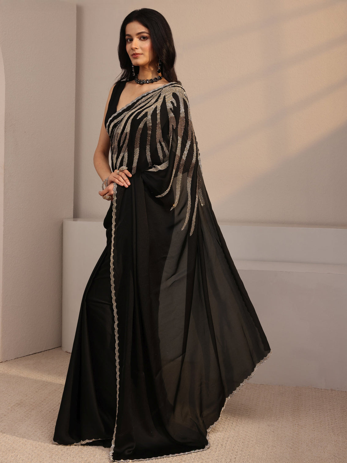 Mameraa Black Embellished Satin Saree With Unstiched Blouse Piece