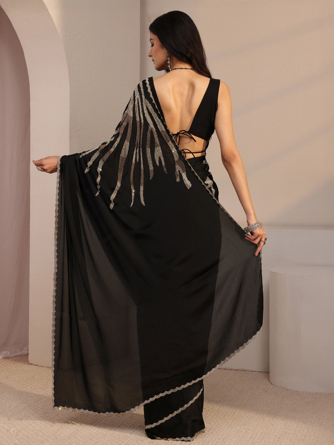 Mameraa Black Embellished Satin Saree With Unstiched Blouse Piece