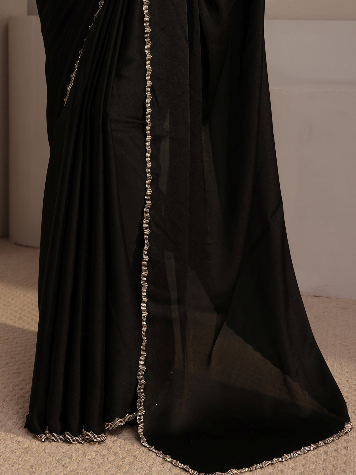 Mameraa Black Embellished Satin Saree With Unstiched Blouse Piece