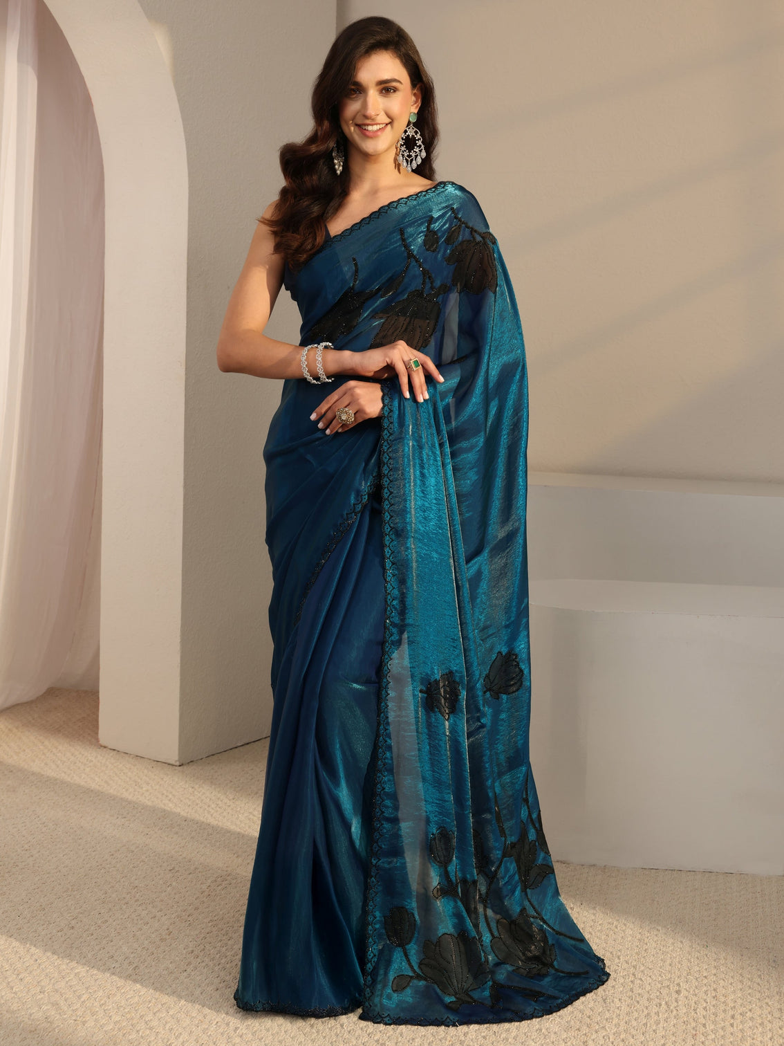 Mameraa Blue Floral Embellished Tissue Saree With Unstitched Blouse Piece