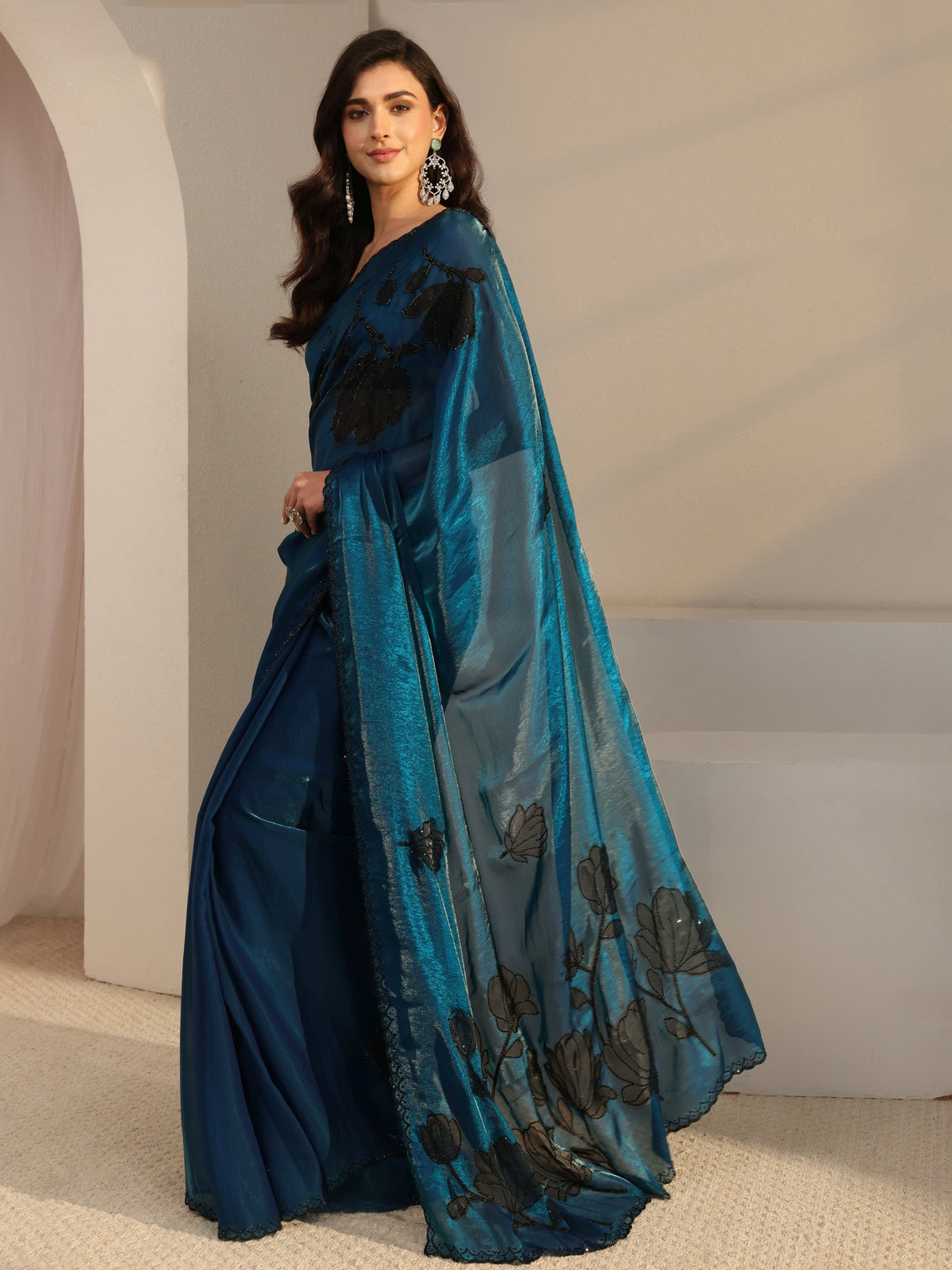 Mameraa Blue Floral Embellished Tissue Saree With Unstitched Blouse Piece