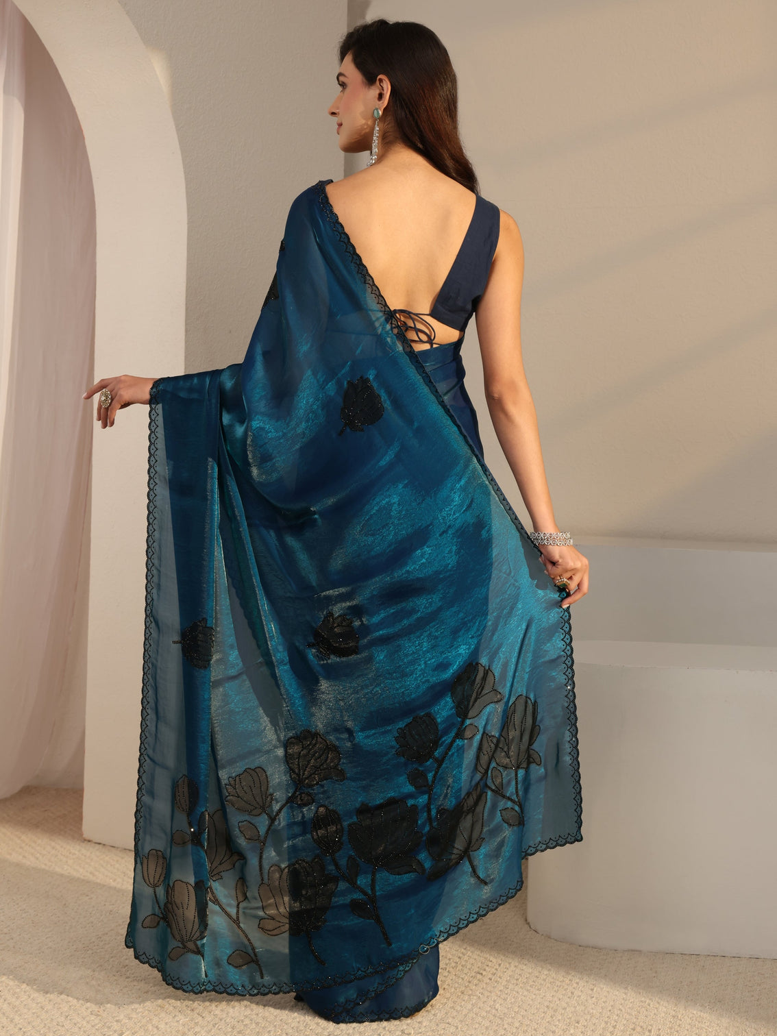 Mameraa Blue Floral Embellished Tissue Saree With Unstitched Blouse Piece