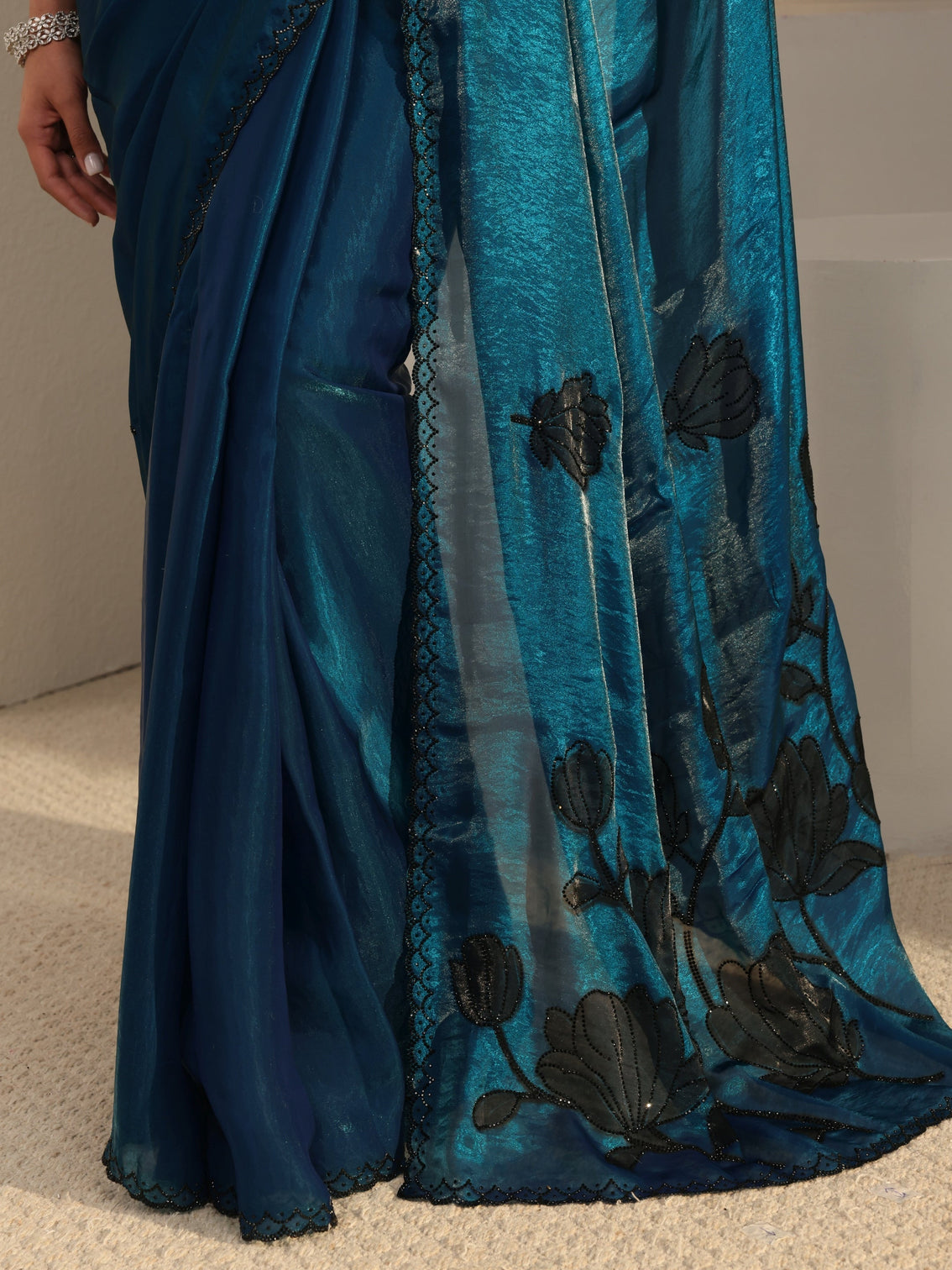 Mameraa Blue Floral Embellished Tissue Saree With Unstitched Blouse Piece