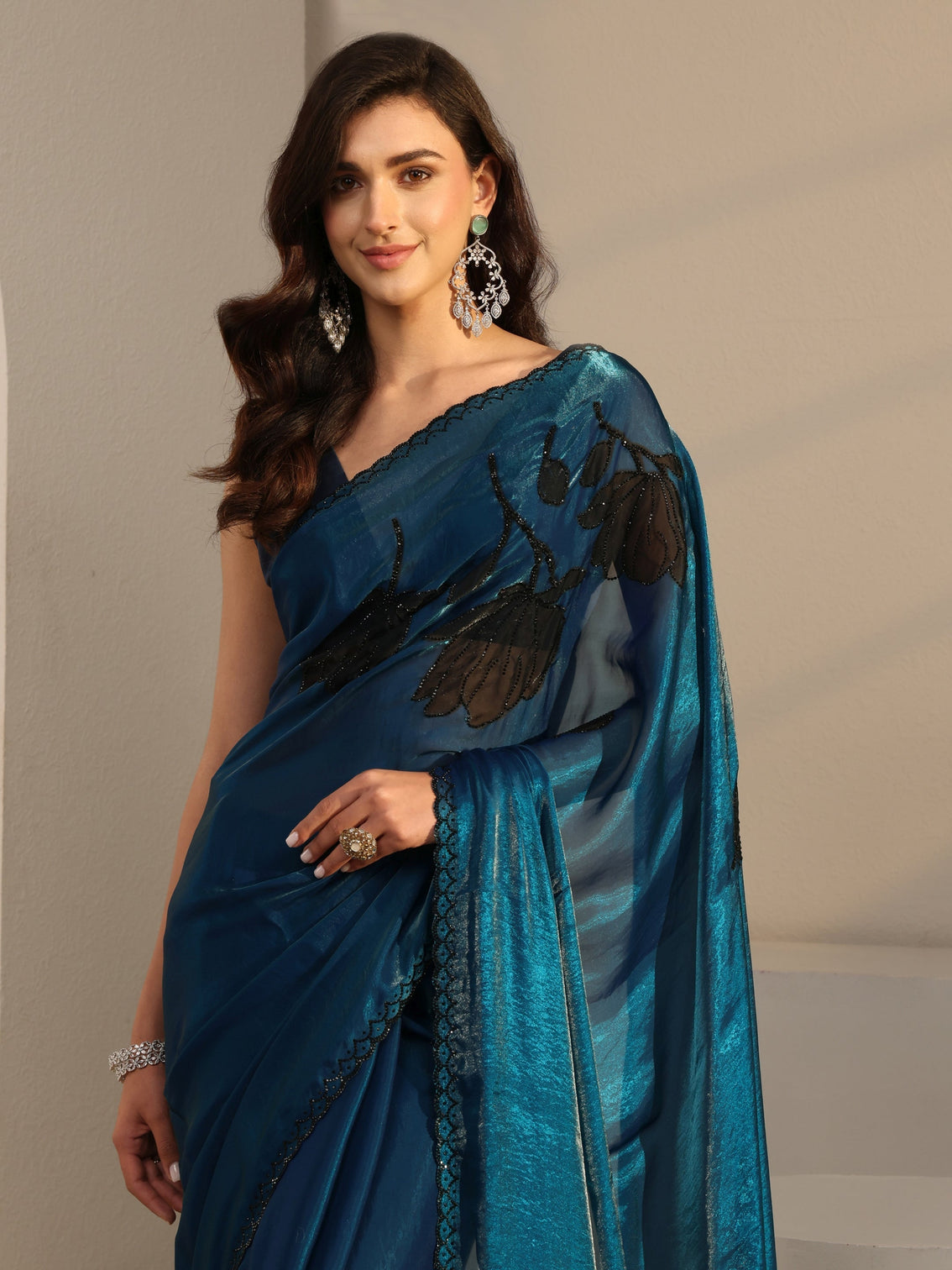 Mameraa Blue Floral Embellished Tissue Saree With Unstitched Blouse Piece
