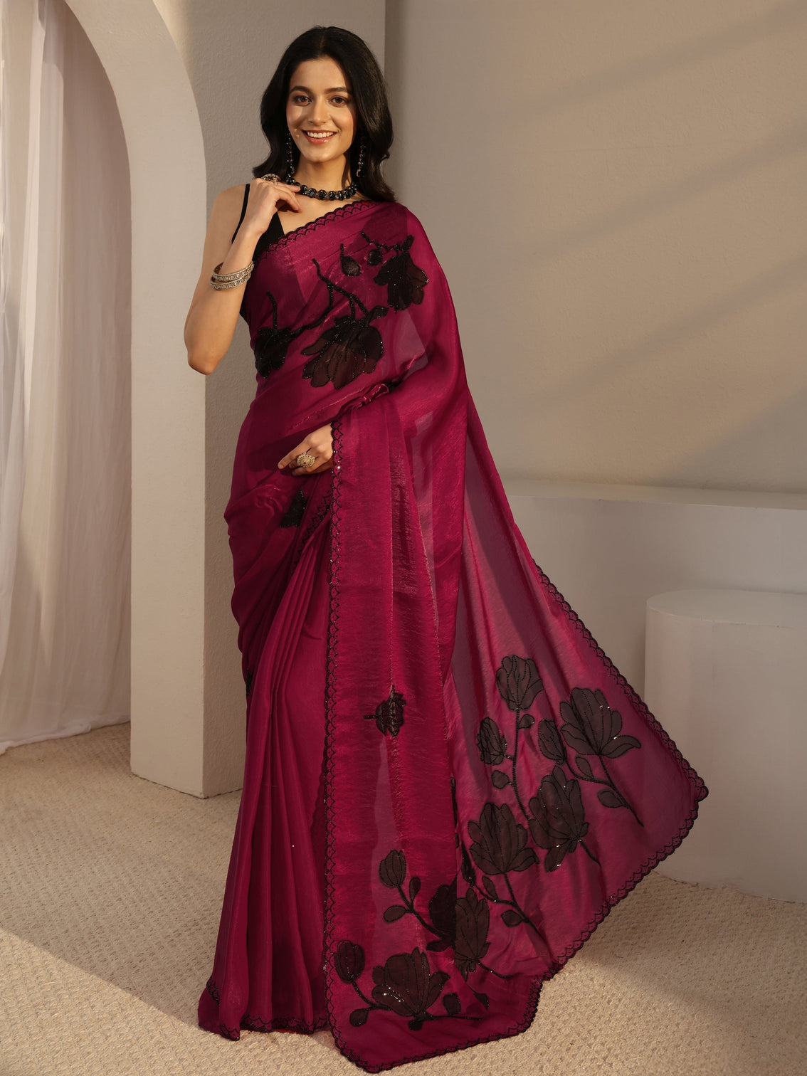 Mameraa Pink Embellished Tissue Saree With Unstiched Blouse Piece
