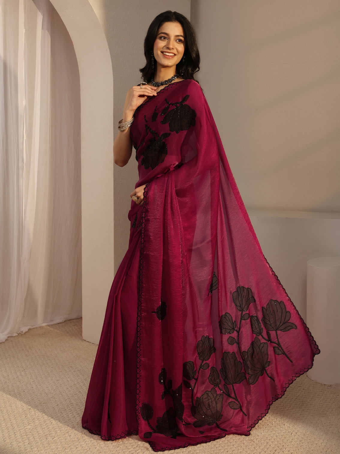 Mameraa Pink Embellished Tissue Saree With Unstiched Blouse Piece