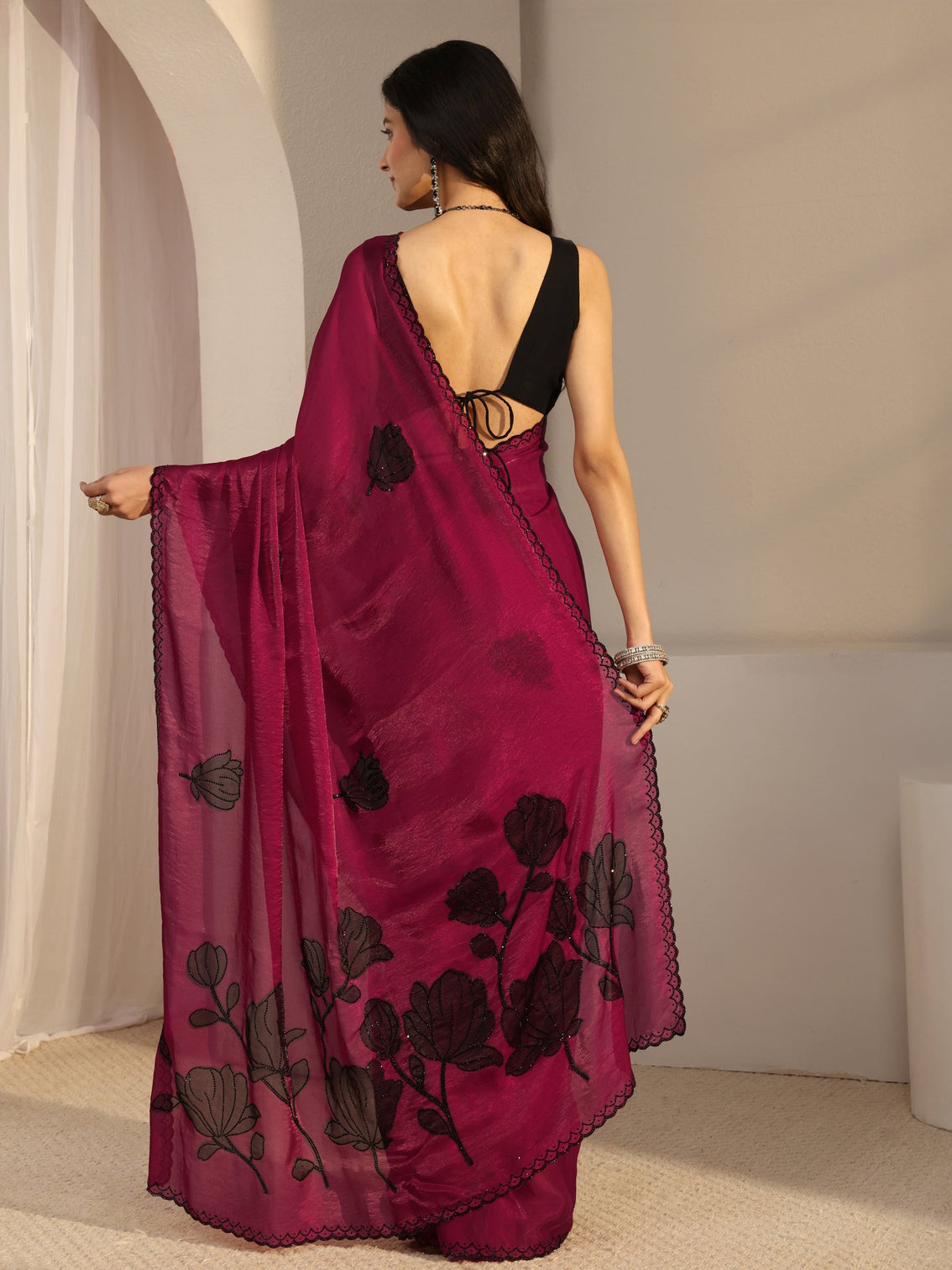 Mameraa Pink Embellished Tissue Saree With Unstiched Blouse Piece