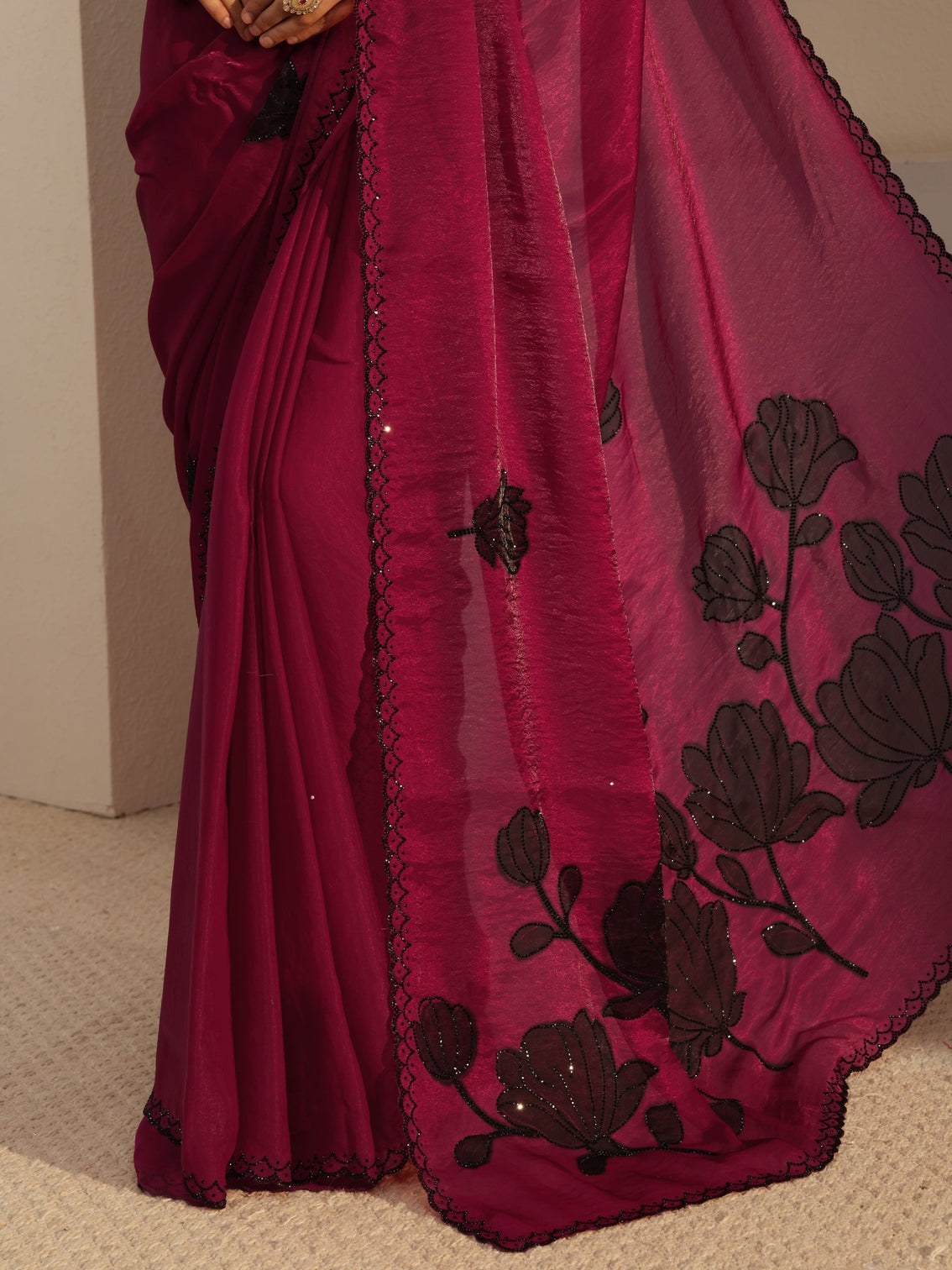 Mameraa Pink Embellished Tissue Saree With Unstiched Blouse Piece