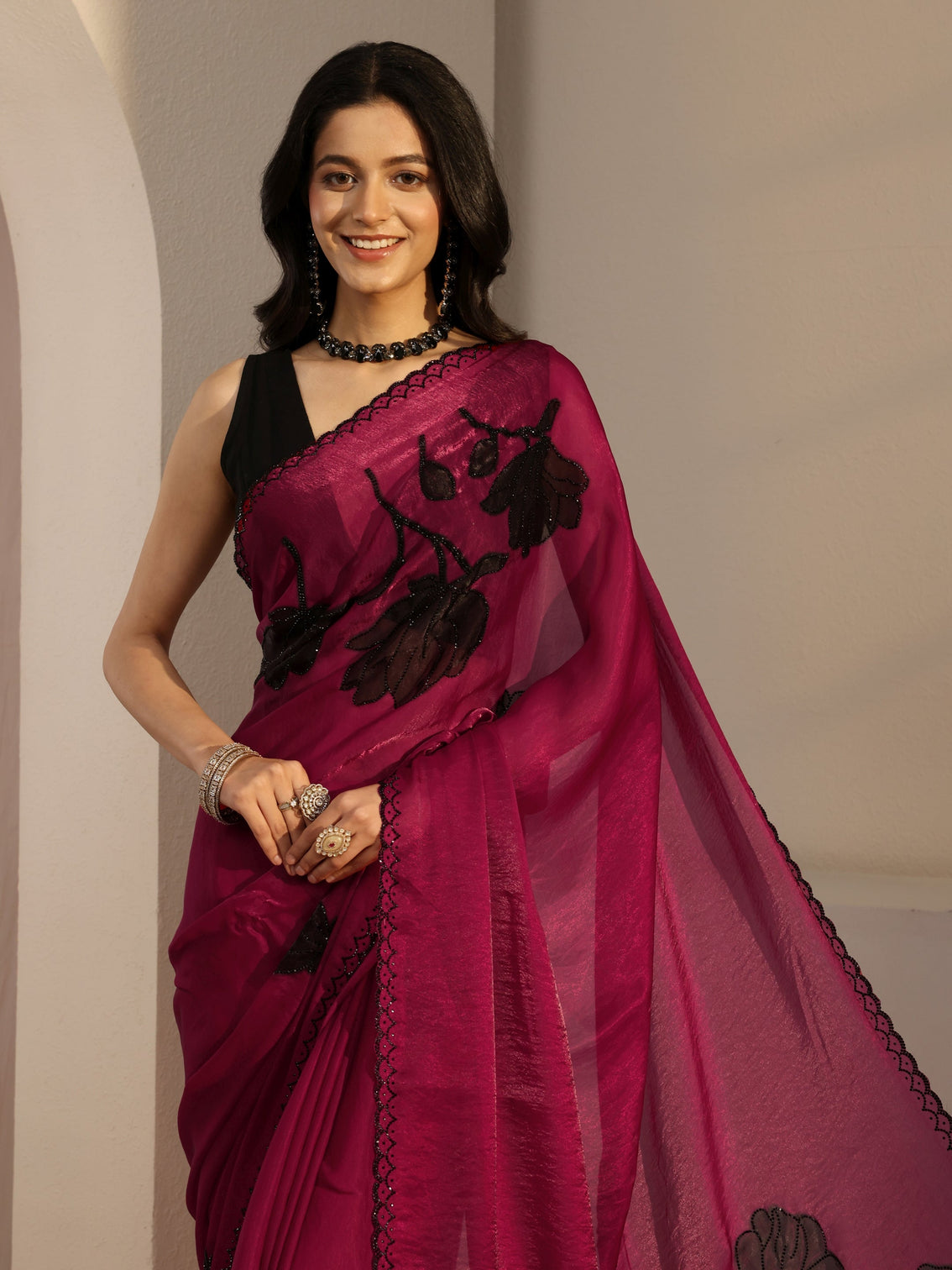 Mameraa Pink Embellished Tissue Saree With Unstiched Blouse Piece