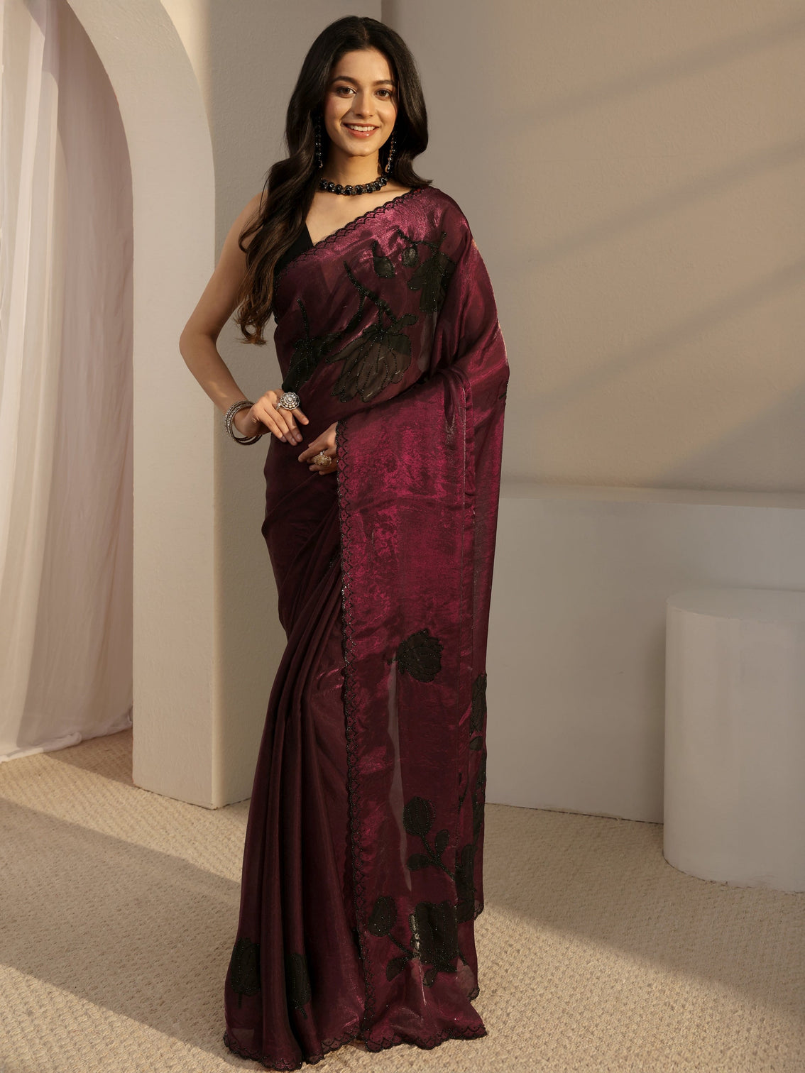 Mameraa Burgundy Embellished Tissue Saree With Unstiched Blouse Piece