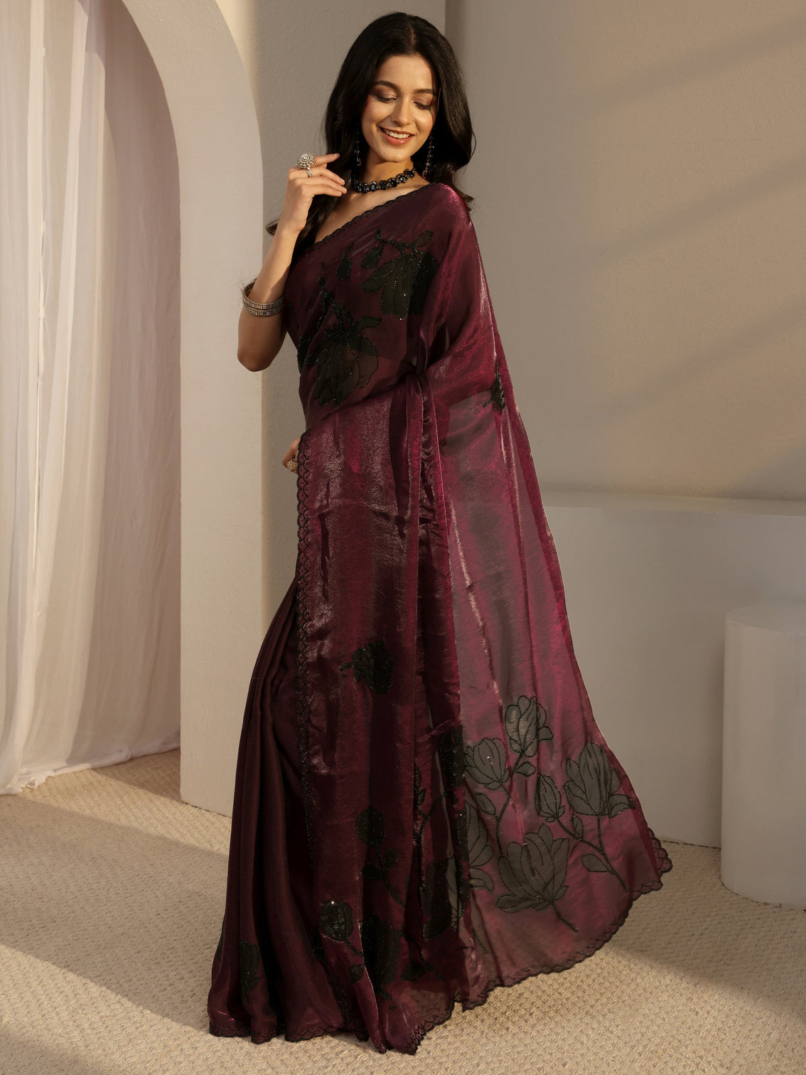 Mameraa Burgundy Embellished Tissue Saree With Unstiched Blouse Piece
