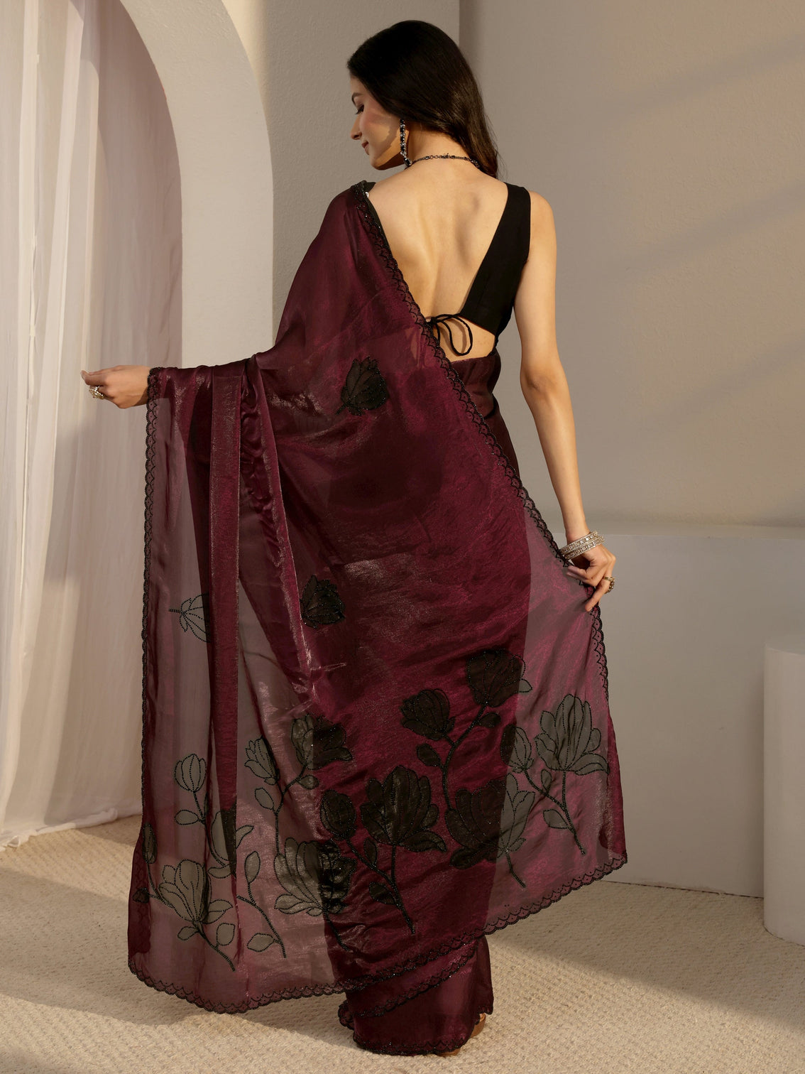 Mameraa Burgundy Embellished Tissue Saree With Unstiched Blouse Piece
