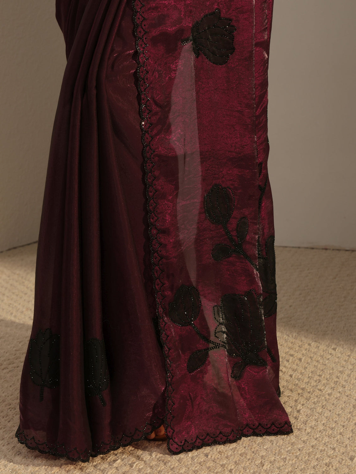 Mameraa Burgundy Embellished Tissue Saree With Unstiched Blouse Piece