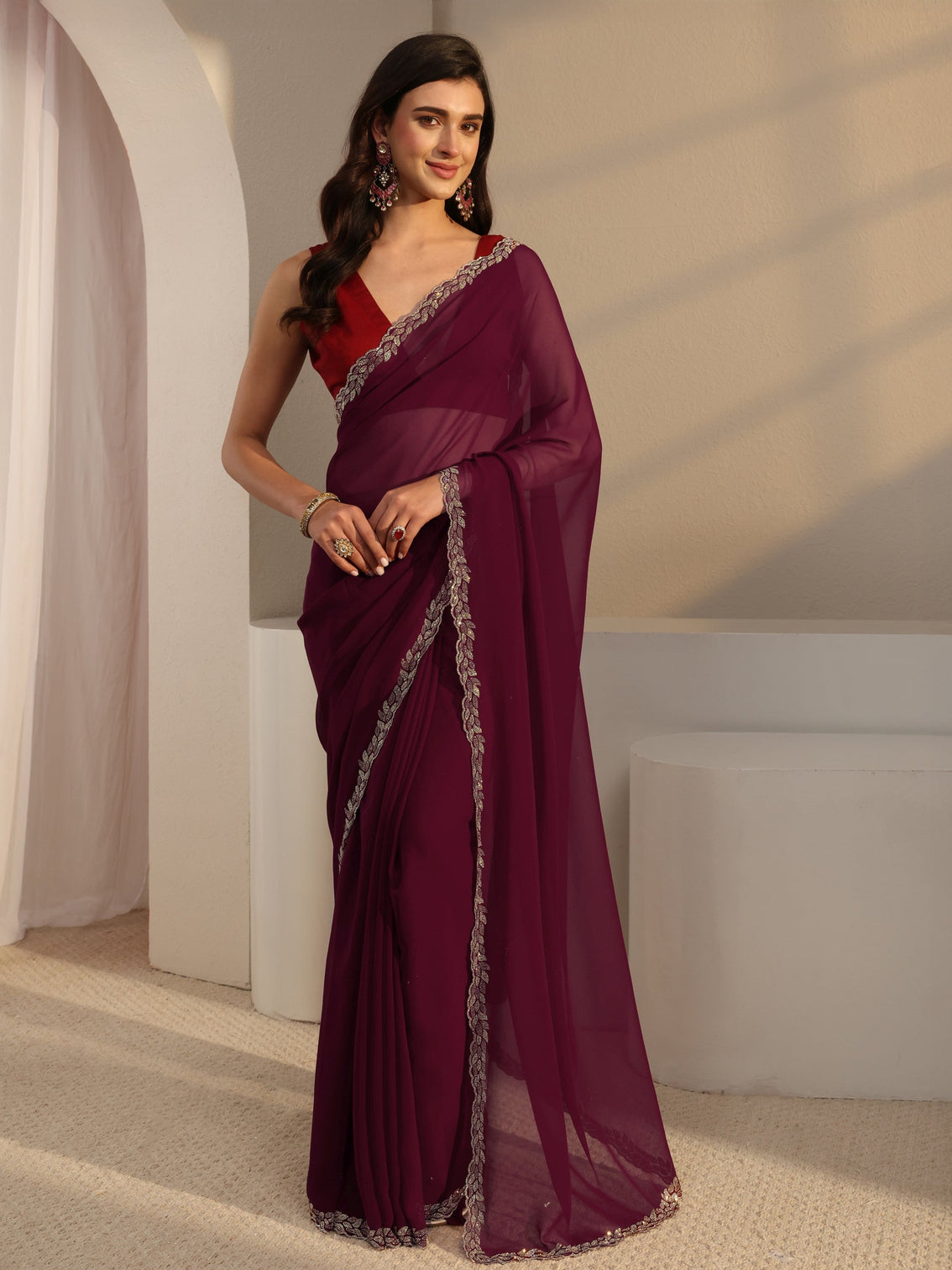 Mameraa Burgundy Embellished Border Georgette Saree With Unstitched Blouse Piece