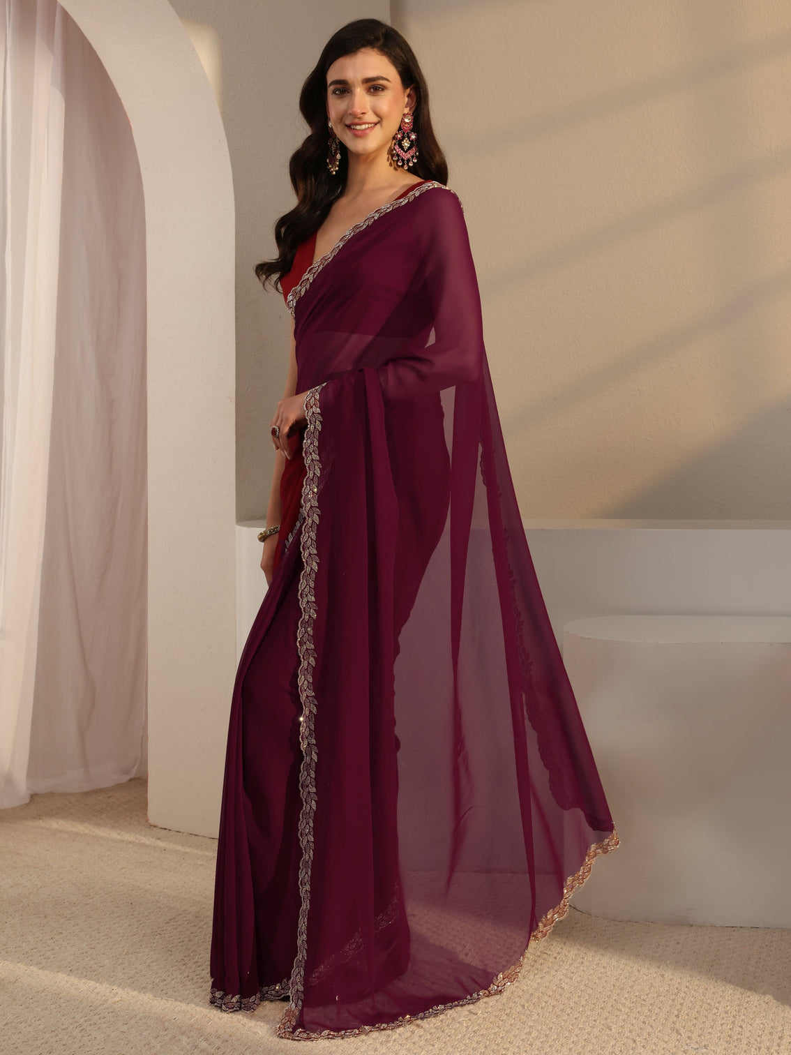Mameraa Burgundy Embellished Border Georgette Saree With Unstitched Blouse Piece