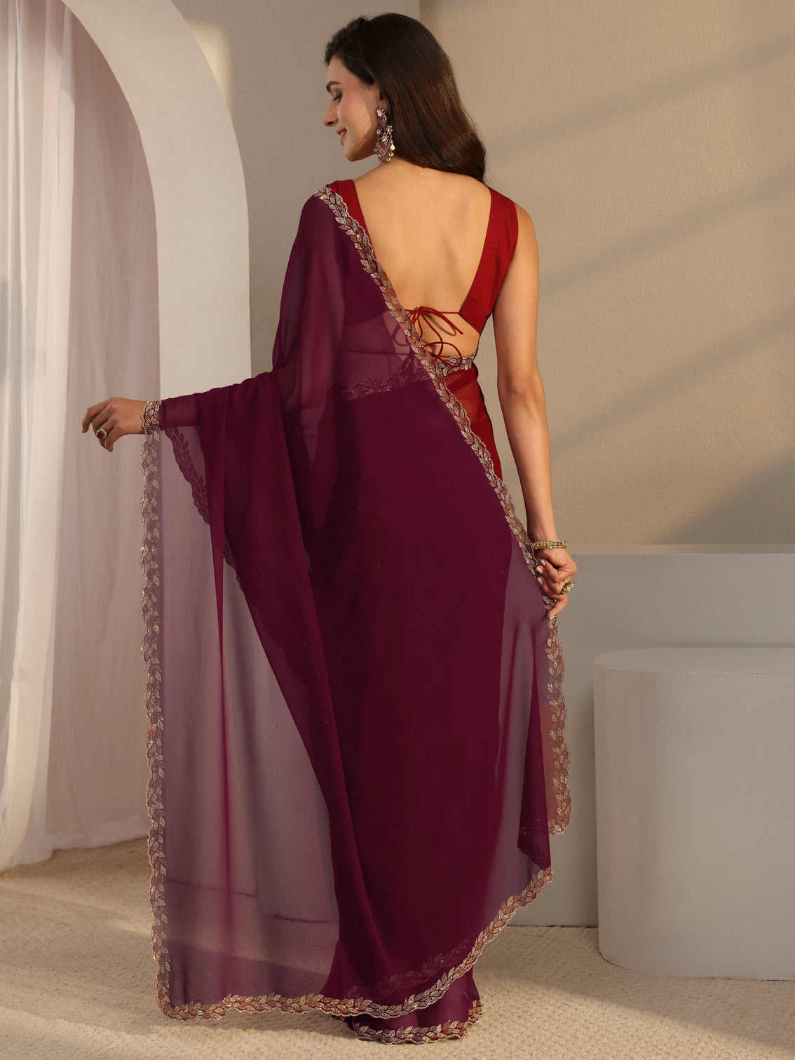 Mameraa Burgundy Embellished Border Georgette Saree With Unstitched Blouse Piece