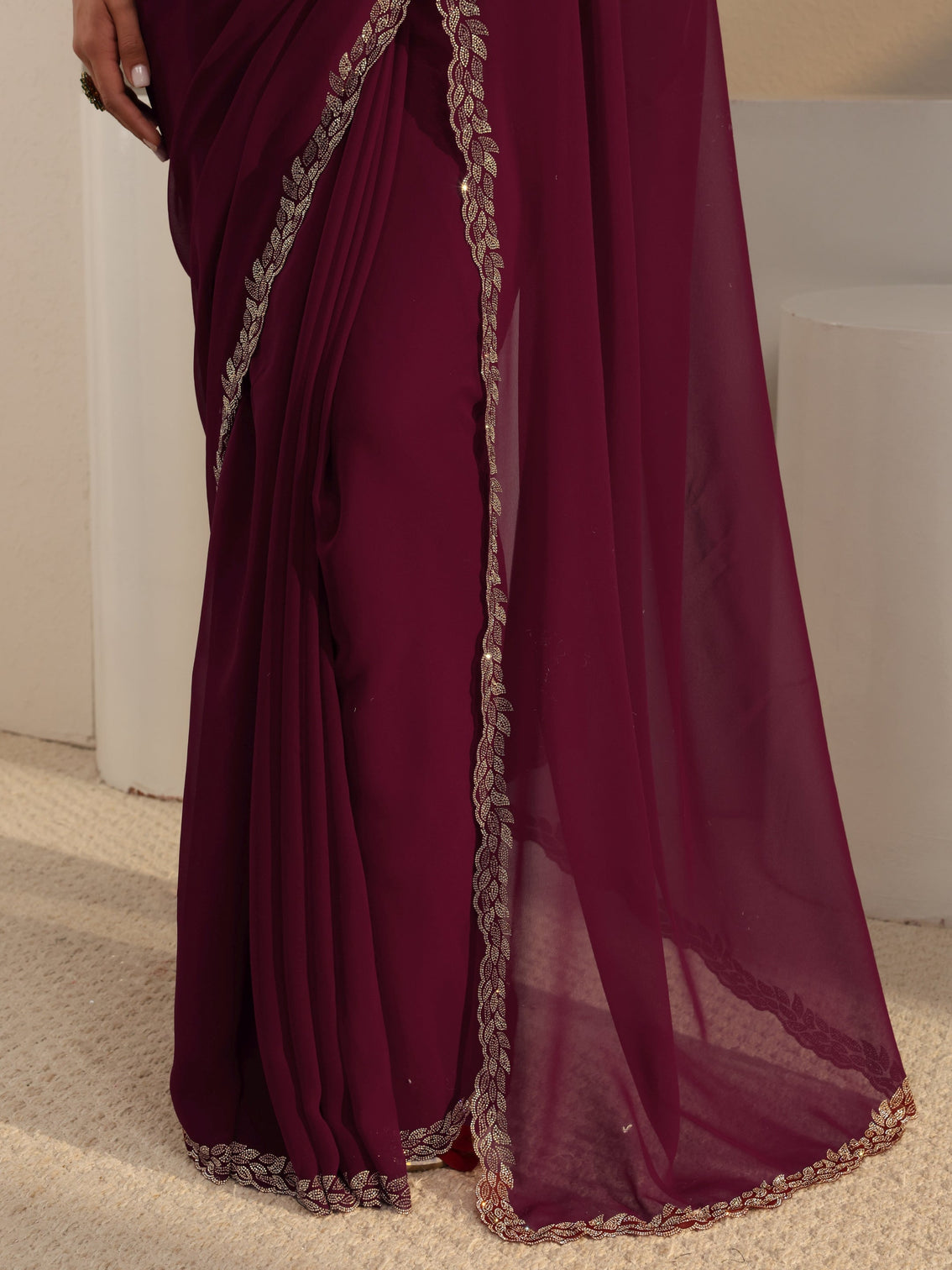 Mameraa Burgundy Embellished Border Georgette Saree With Unstitched Blouse Piece