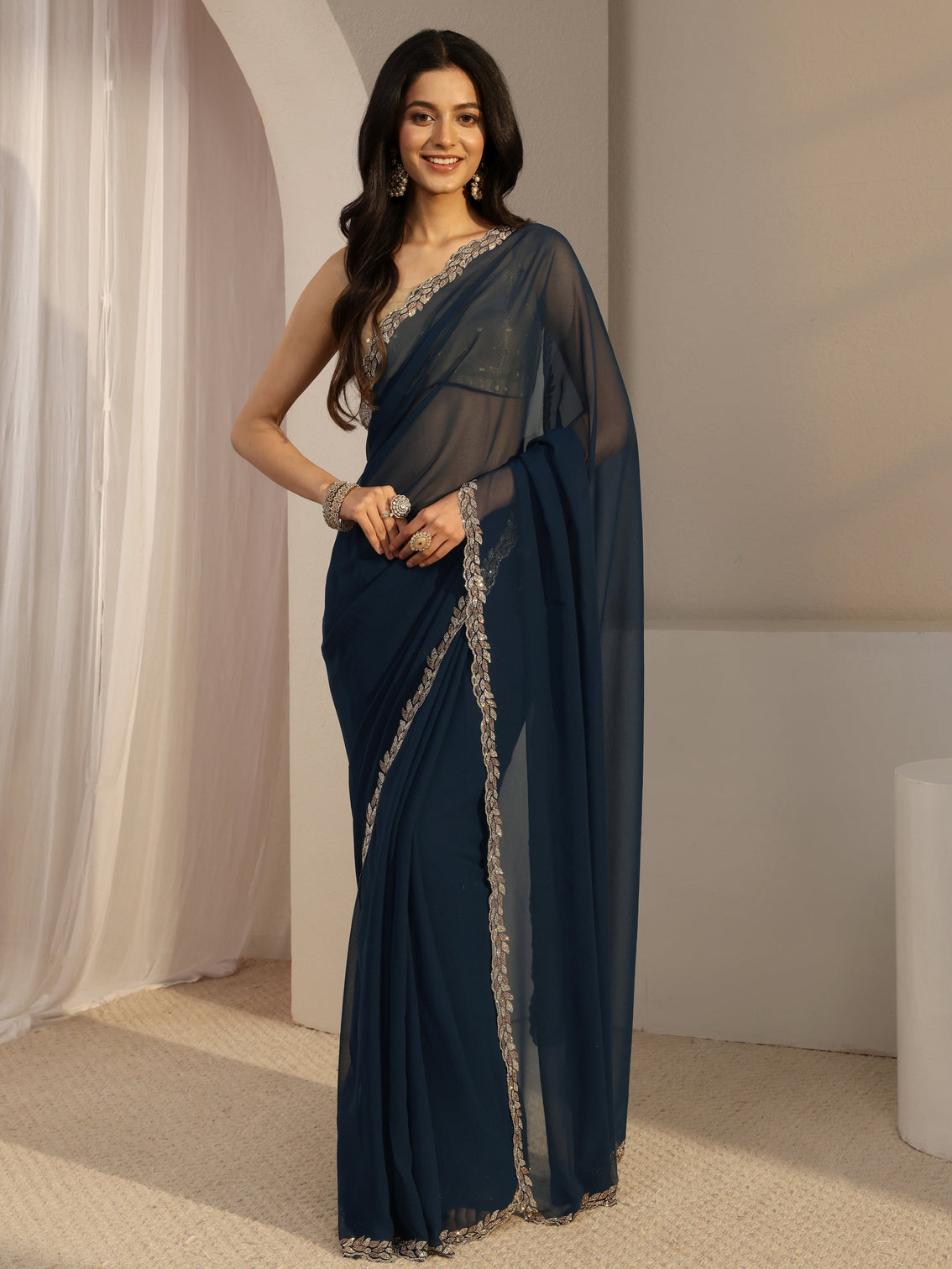 Mameraa Blue Embellished Georgette Saree With Unstiched Blouse Piece