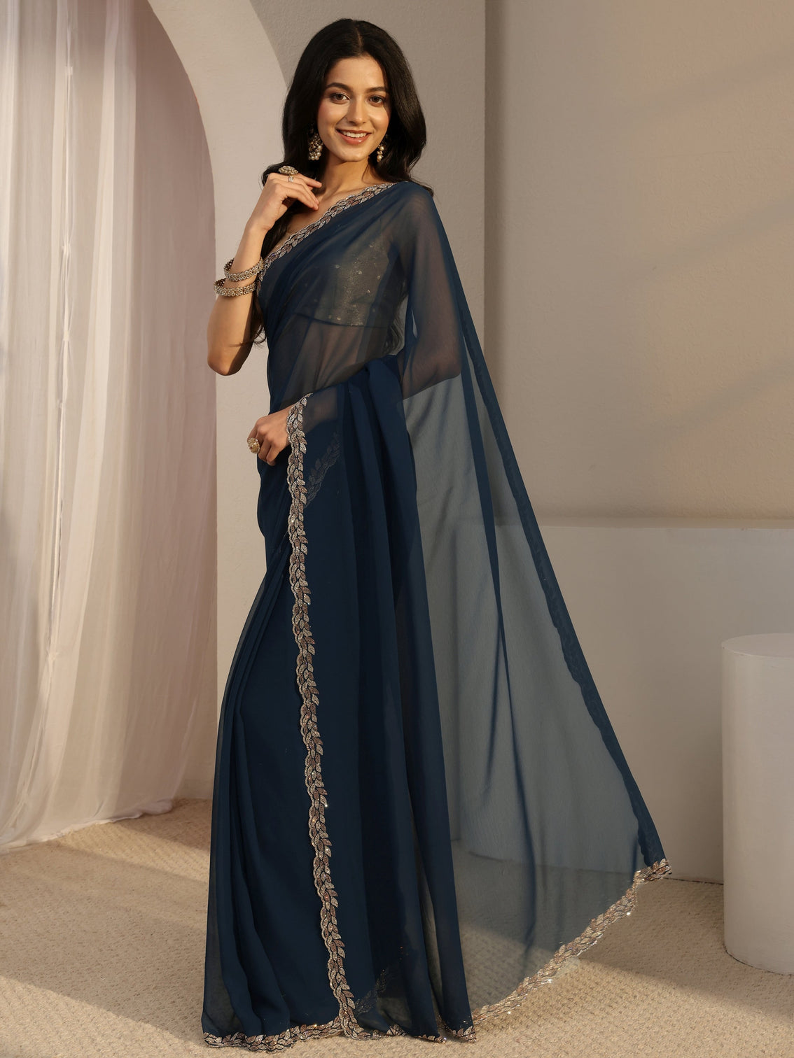 Mameraa Blue Embellished Georgette Saree With Unstiched Blouse Piece