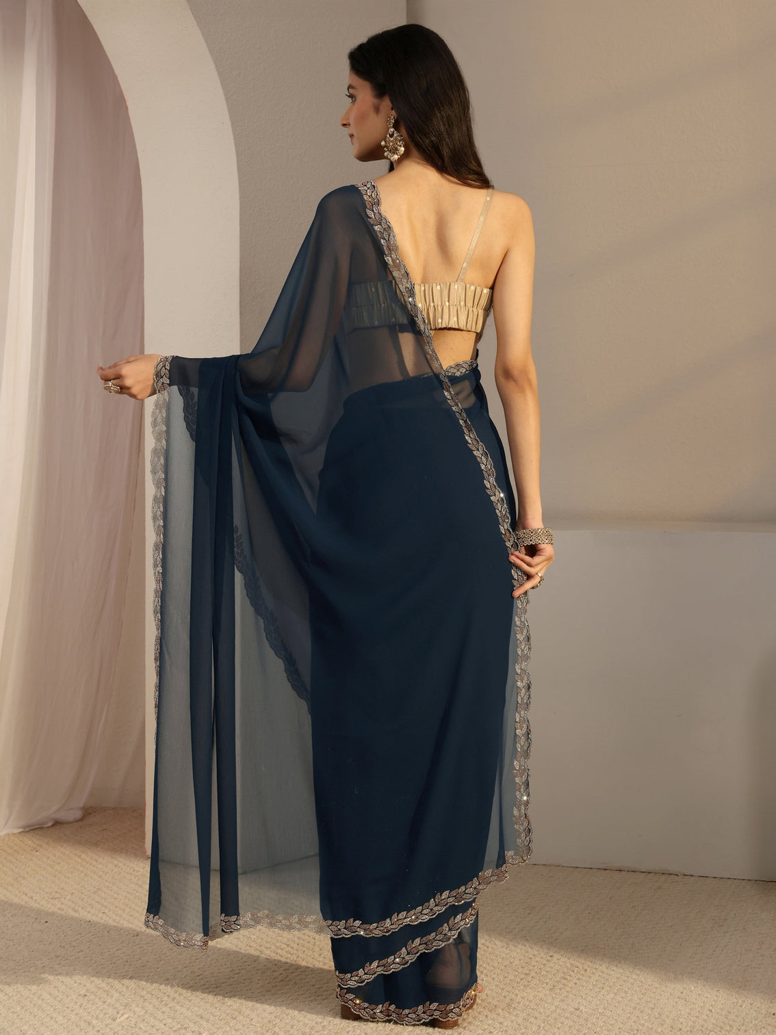 Mameraa Blue Embellished Georgette Saree With Unstiched Blouse Piece