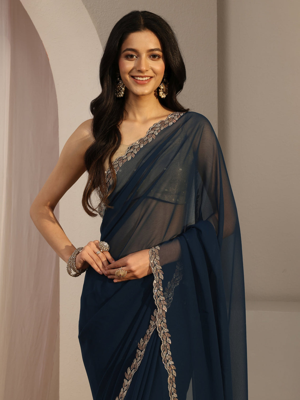 Mameraa Blue Embellished Georgette Saree With Unstiched Blouse Piece
