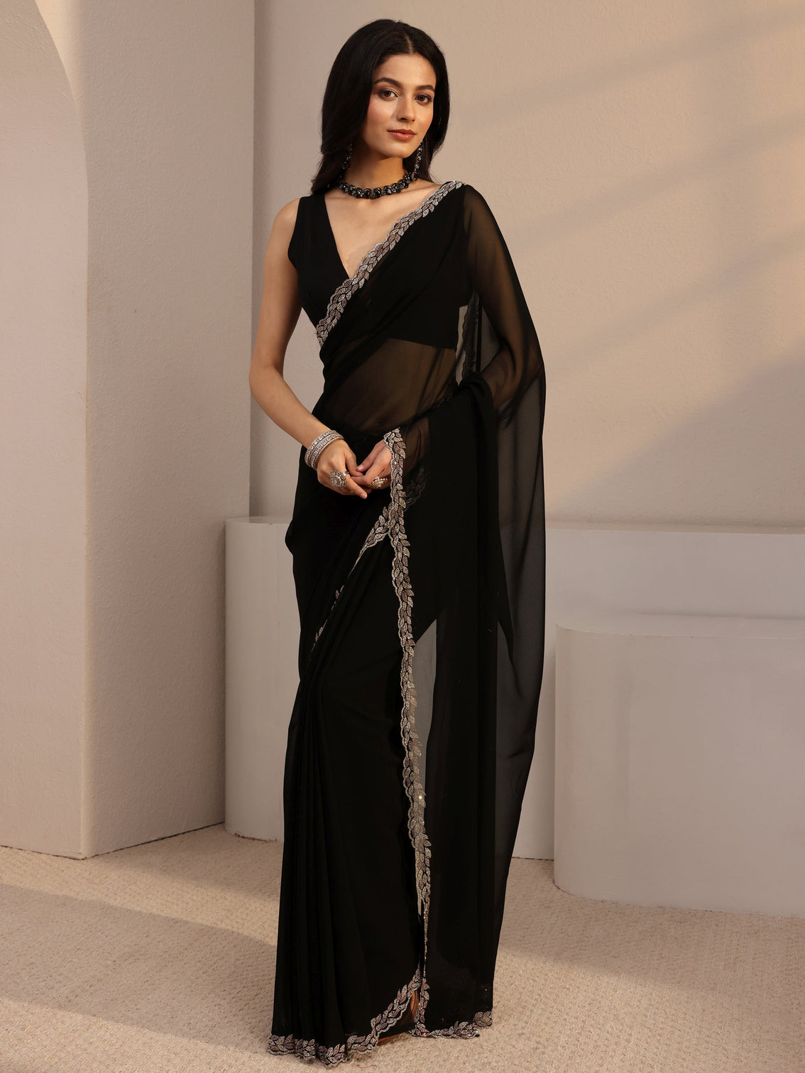 Mameraa Black Embellished Georgette Saree With Unstiched Blouse Piece