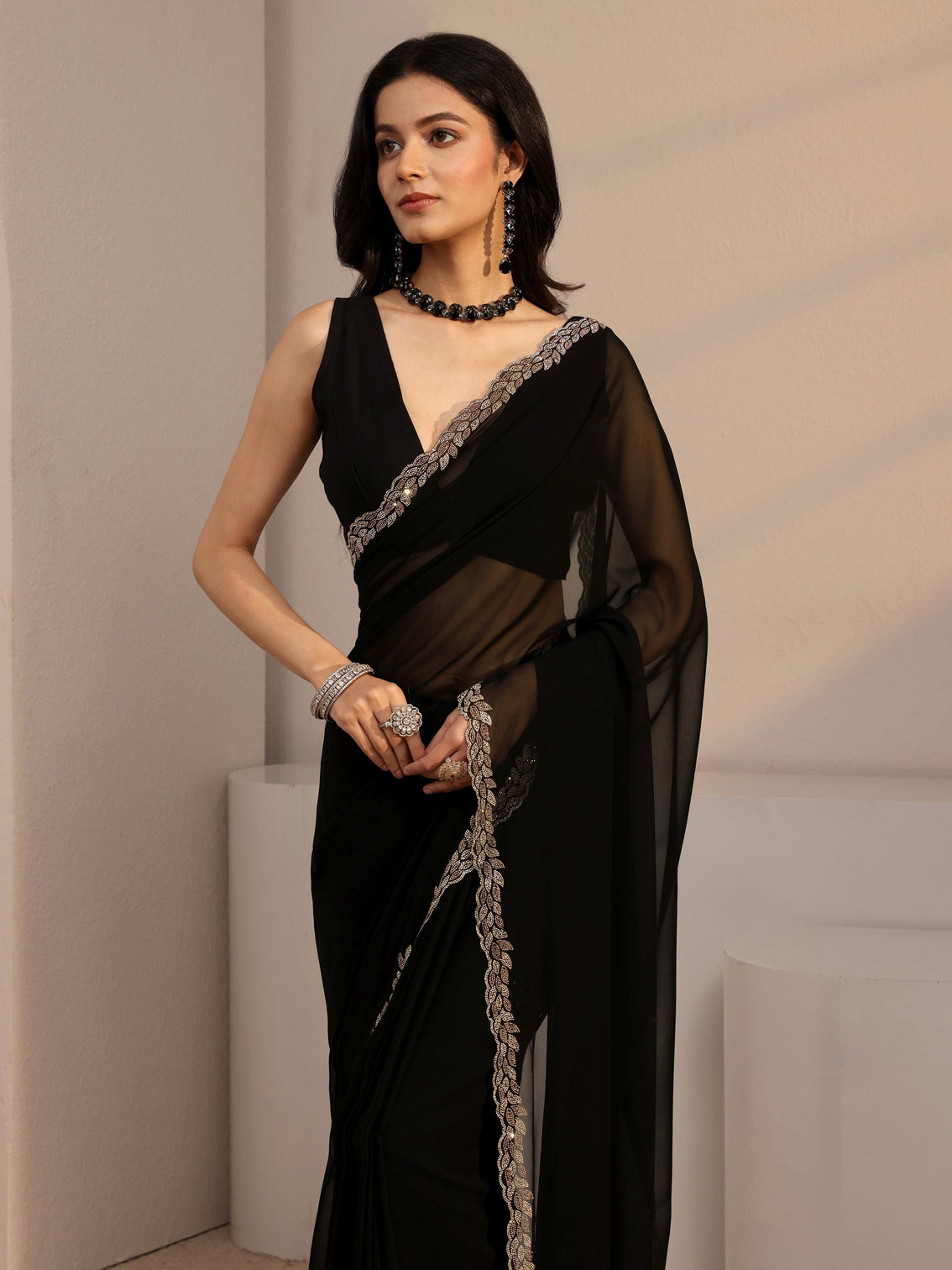 Mameraa Black Embellished Georgette Saree With Unstiched Blouse Piece