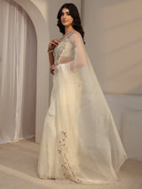 Libas White Embellished Organza Saree With Unstitched Blouse Piece