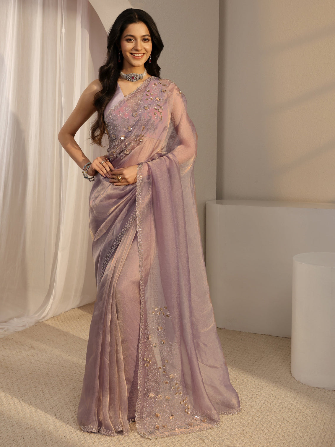 Mameraa Lavender Embellished Organza Saree With Unstiched Blouse Piece