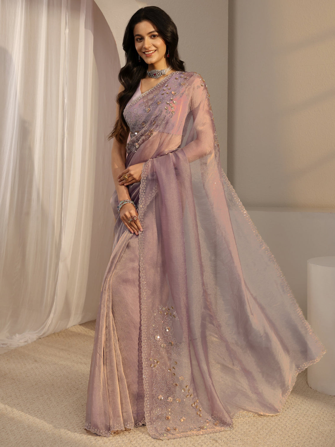 Mameraa Lavender Embellished Organza Saree With Unstiched Blouse Piece