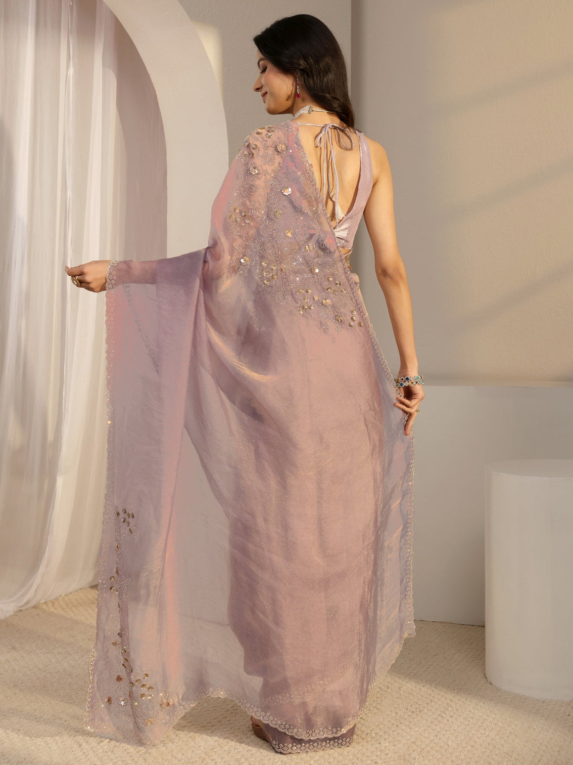 Mameraa Lavender Embellished Organza Saree With Unstiched Blouse Piece
