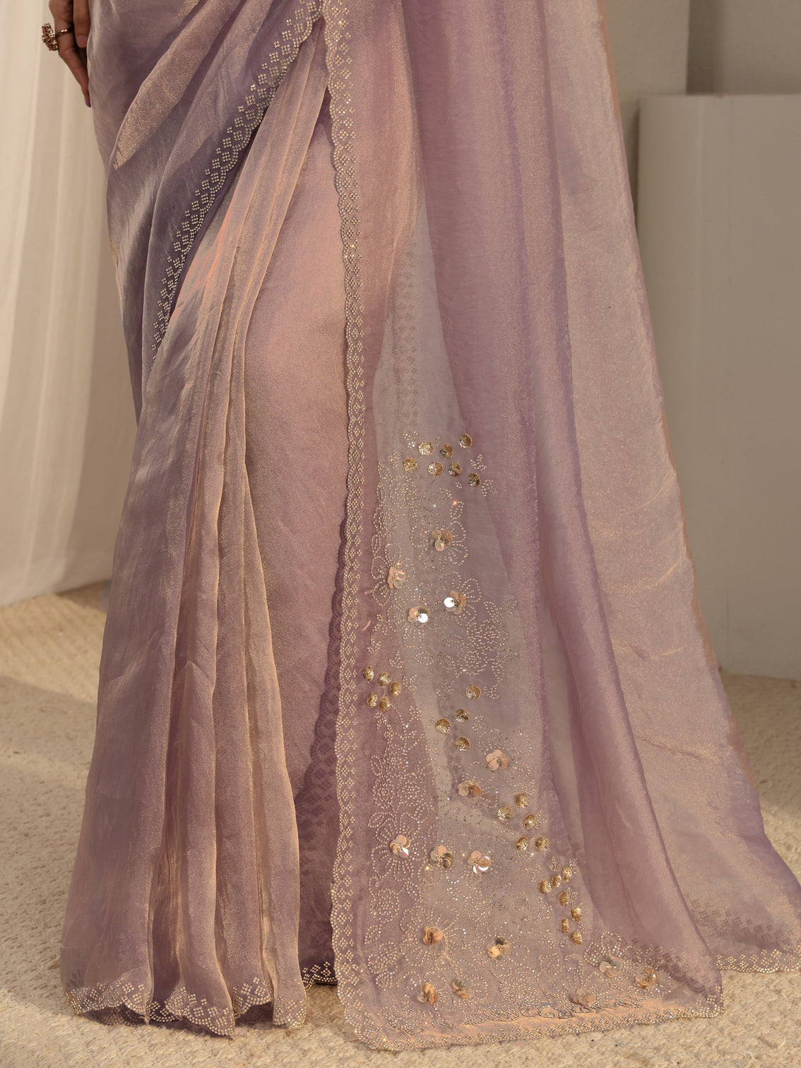 Mameraa Lavender Embellished Organza Saree With Unstiched Blouse Piece