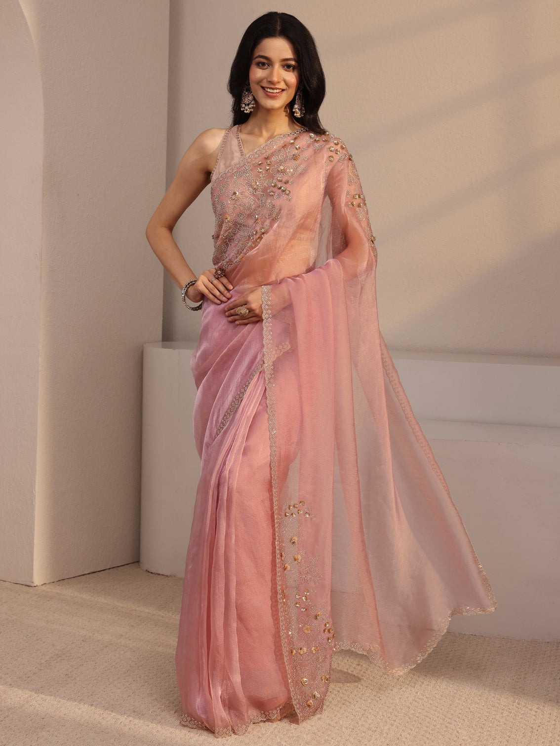 Mameraa Pink Embellished Organza Saree With Unstiched Blouse Piece